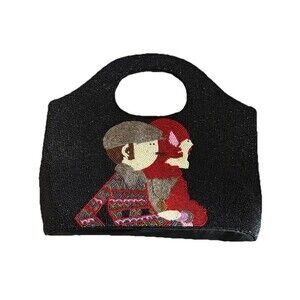 Women’s Art Deco Style Handbag Black Colorful Beaded Fashionable Couple Vtg